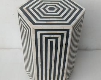 Elegant Bone Inlay Round End Table | Custom Hexagon Coffee Table | Nightstand Furniture