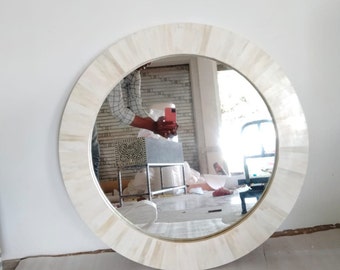 Handmade Luxury Bone Inlay White Mirror Frame | Elegant Home Décor, Round Mirror Frame, Handcrafted Wall Décor, Bathroom Décor Furniture