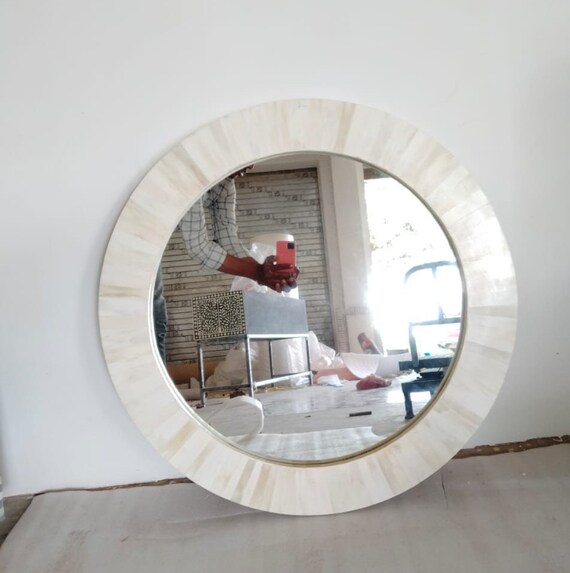 Cadre Miroir Rond Incrustation Os Fait Main - Diamètre 18 Pouces - Décoration Murale Moderne Personnalisable