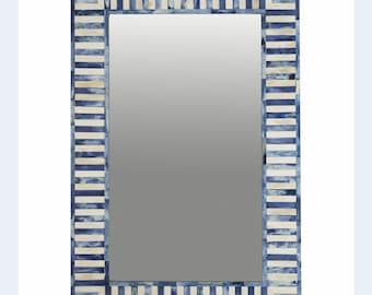 Modern Blue Bone Inlay Mirror – Decorative Rectangle Frame for Elegant Spaces, Wall - Home Décor Piece, Handcrafted Bathroom Décor Furniture