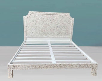 Handgefertigte MOP Inlay Kingsize und Queensize Bett, MOP Inlay Bett, Schlafzimmer Dekor, Blumenmuster Bett Kopfteil Möbel