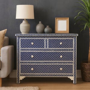 Handmade Bone Inlay Sideboard | Coastal Fish Pattern Console Cabinet