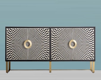 Handmade Bone Inlay Sunrise Pattern 4 Door Media Unit Black, Inlay Sideboard, Bone Inlay Storage Unite cabinet Furniture