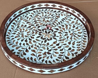Handcrafted Floral Teak Wood Resin Serving Tray – Unique Home Décor Kitchen Accessory, Beautiful Handmade Home Accent Round Tray Furniture