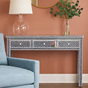 Handmade Bone Inlay Console Table Fish Pattern, Luxury Entryway Table, Modern Hallway Furniture, Custom Inlay Accent Table