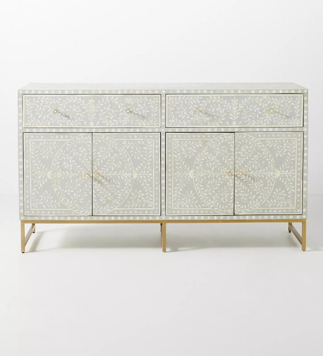 Bone Floral Pattern Sideboard With 2 Drawers & 4 Doors - Iron Leg Inlay Cupboard, Modern Design ...