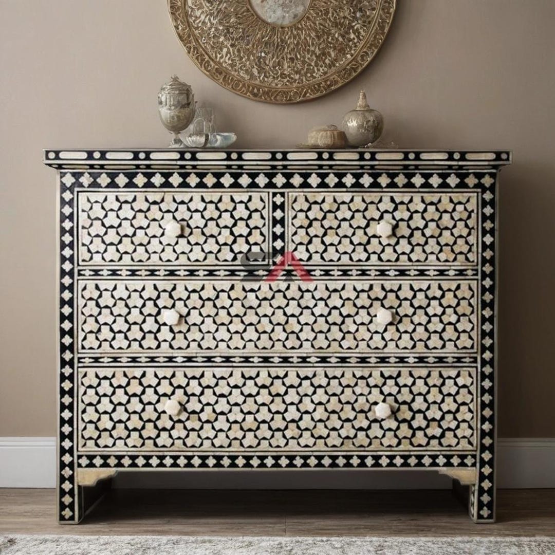 Modern Bone Inlay Handmade Modern Bone Inlay 4 Drawer Cabinet | Black & White Storage ...