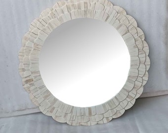 Trendy Bone Inlay White Mirror Frame - Ideal for Living Room Décor, Round Mirror Frame, Handcrafted Wall Décor, Bathroom Décor Furniture