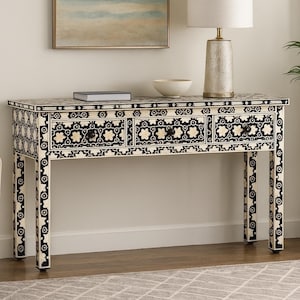 Handgemaakt consoletafel met beeninleg en bloemenpatroon met 3 lades - elegante opbergmeubels