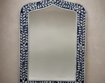 Handcrafted Floral Bone Inlay Mirror Frame - Elegant Rectangle Design, Home Décor, Handcrafted Wall Décor, Bathroom Décor Furniture