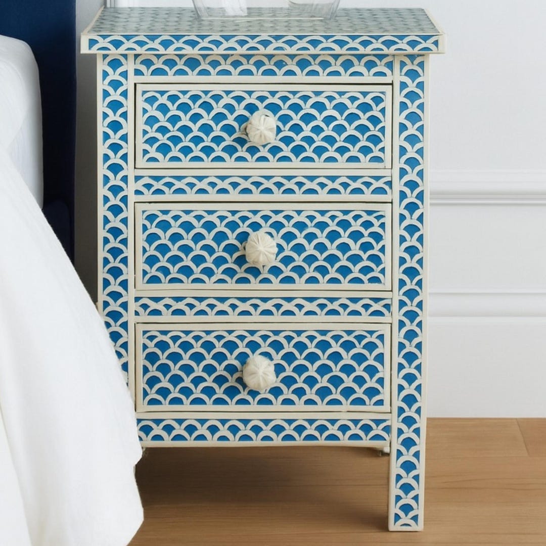 Fish Inlay End Table Handmade Bone Inlay Bedside Table: Coastal Fish Pattern Nightstand - Etsy