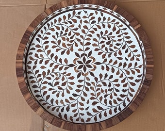 Handmade Teak Wood Tray: Resin Floral Inlay, Home Decor