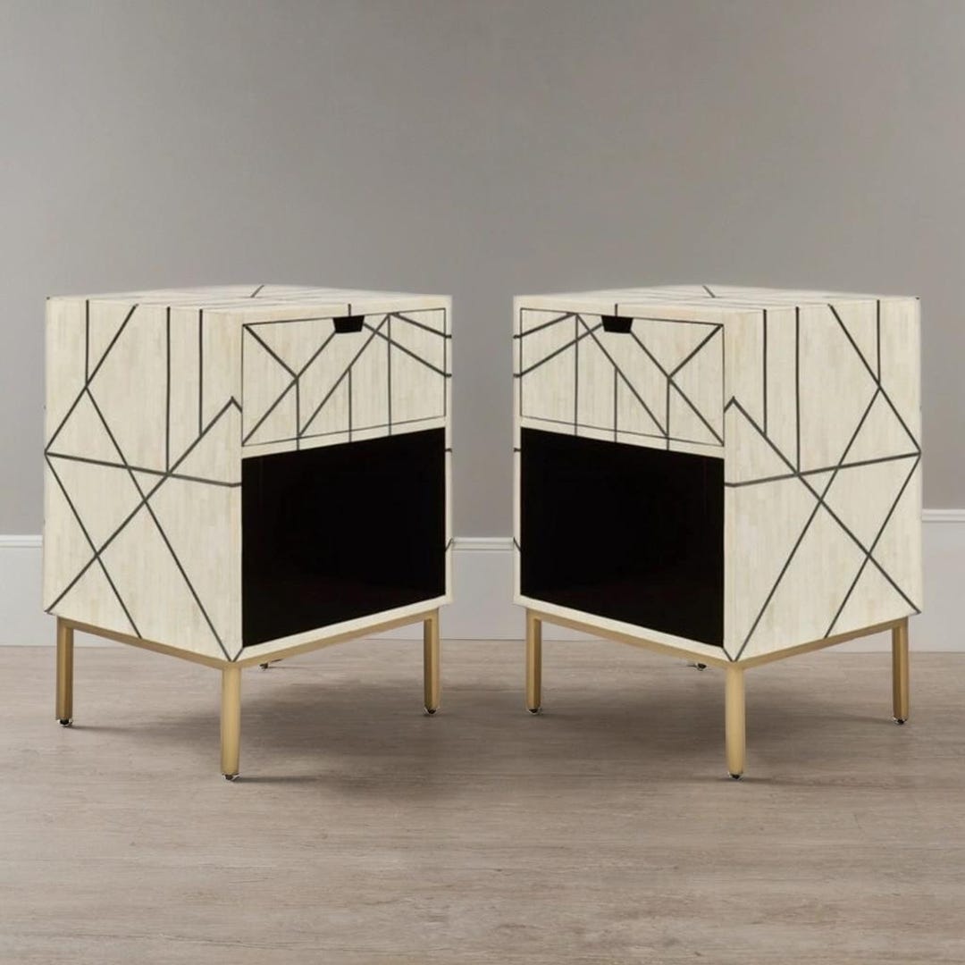 Modern Bone Inlay Modern Bone Inlay 1 Drawer Bedside Table With Metal Stand – Handmade ...