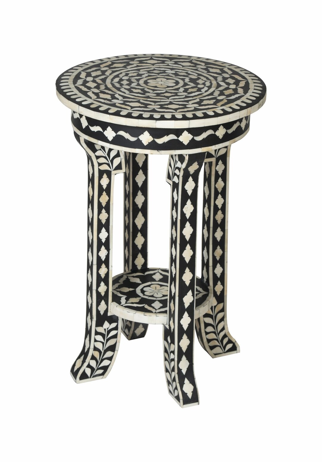 Bone Inlay Circular Table Handmade Bone Inlay Floral Pattern Round End Table, Side Table, Sofa ...