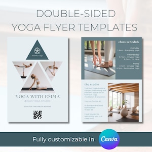 May include: Double-sided flyer template for yoga classes. The front features a geometric design with three women in yoga poses. The back includes a class schedule, information about the studio, and a photo of a yoga studio interior.