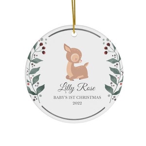 Baby's First Christmas Ornament for Girls, Baby's 1st Christmas Woodland Themed Deer with Name and Year, Christmas 2022, Keepsake for Baby