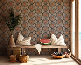 Mud Medallion Wallpaper for Drawing Room, Brown and Orange Removable Peel and Stick Wallpaper, Traditional Seamless Unpasted Wallpaper