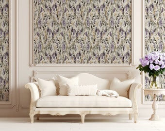 Lily Luxe Abstract Wallpaper for Drawing Room, Purple and Off-white Removable Peel and Stick Wallpaper, Floral Unpasted Wallpaper