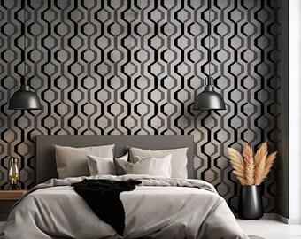 Charcoal Cascade Geometric Wallpaper for Living Room, Removable Peel and Stick Wallpaper, Hexagon Seamless Patterns Unpasted Wallpaper