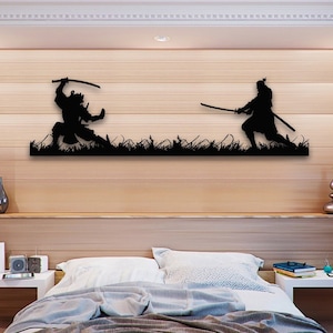Samurai Fighting Metal Wall Decor - Bold Japanese Warrior Art, Epic Battle Scene, Unique Metal Wall Hanging, Perfect for Home or Office