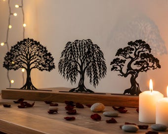 Small Standing Tree Decoration Set: Metal Tree Sculpture Trio, Table Shelf Christmas Nature Decor