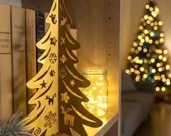 Gold Metal Christmas Tree Centerpiece: 3D Holiday Table Decor, Scandinavian Shelf Ornament