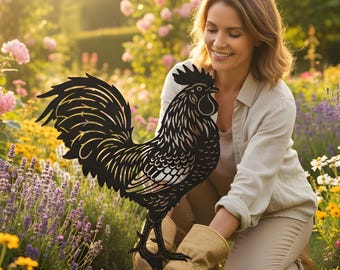 Metal Rooster Garden Stake: Outdoor Yard Decor, Chicken Art