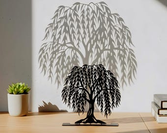 Weeping Willow Metal Sculpture: Tabletop Zen Decor, Willow Tree Shadow Art, Shelf Ornament