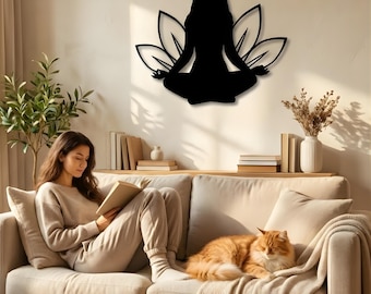 Meditazione Donna Arte murale in metallo Loto Yoga Zen Equilibrio spirituale Mindfulness Decorazione per la casa
