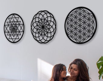 Sacred Geometry Metal Wall Art Set Flower Life Metatron Cube Sri Yantra Decor Gift