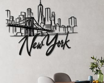 Arte de pared de metal con silueta de ciudad moderna de Nueva York, decoración urbana para el hogar, diseño de regalo