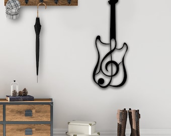 CREATCABIN Guitarra Metal Decoración Pared Plata Música Metal Arte Adorno Colgante Hierro Nota Musical Escultura Hogar 30x17.5cm