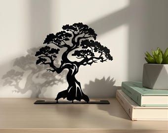 Bonsai Metal Desk Decor Tree Sculpture: Tabletop Zen Ornament, Shelf Shadow Art Home Decoration