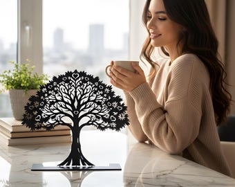 Metal Love Tree Decor: Tabletop Tree of Life Sculpture, Romantic Floral Desk Art