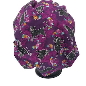 Bouffant surgical scrub cap hat women purple roses sparkling black cats halloween adjustable
