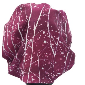 Bouffant style surgical scrub hat women maroon trees stars winter holidays