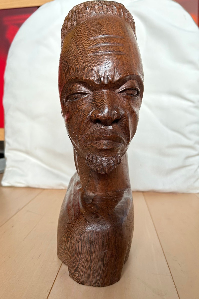 Wooden Head Carving, Art From Congo, 34cm High, 20 Cm Depth, 11 Cm Wide