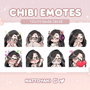 かわいいメガネのちびガール Twitch Discord エモートパック | ゲーム | ストリーミング | ストリーマー | 黒髪 | 茶色の目