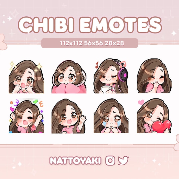 Cute Chibi Girl Twitch Discord Emote Pack  | Gaming | Streaming | Streamer | Brown Hair | Brown Eyes