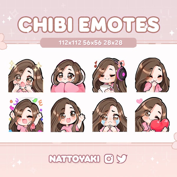 Cute Chibi Girl Twitch Discord Emote Pack  | Gaming | Streaming | Streamer | Brown Hair | Brown Eyes