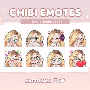 Cute Glasses Chibi Girl Twitch Discord Emote Pack  | Gaming | Streaming | Streamer | Blonde Hair Brown Roots | Blue Eyes