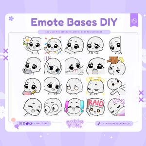 Puede incluir: Una impresión de arte digital que presenta 20 bases de emoticonos con diversas expresiones y accesorios. El texto "Emote Bases DIY" se muestra en la parte superior. La imagen está sobre un fondo morado claro con elementos decorativos.