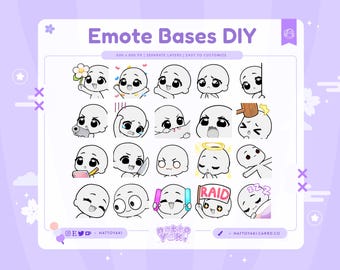 May include: A digital art print featuring a collection of 20 emote bases with various expressions and props. The text "Emote Bases DIY" is displayed at the top. The image is set against a light purple background with decorative elements.