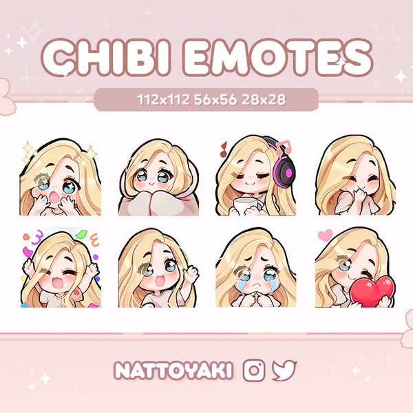 Cute Chibi Girl Twitch Discord Emote Pack  | Gaming | Streaming | Streamer | Blonde Hair | Blue Eyes