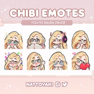 Cute Glasses Chibi Girl Twitch Discord Emote Pack  | Gaming | Streaming | Streamer | Blonde Hair | Blue Eyes