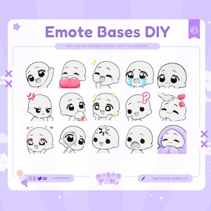 May include: A digital art print showcasing emote bases with diverse expressions. The text "Emote Bases DIY" is at the top. The image includes social media icons and the website address NATTOYAKI.CARRD.CO.