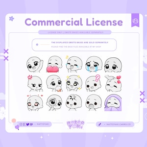 以下が含まれることがあります： 「Commercial License」の文字と、様々な表情の漫画風絵文字が描かれた薄紫色のグラフィック。幸せ、悲しみ、疑問など、様々な表情の絵文字が並んでいます。画像にはソーシャルメディアのアイコンとウェブサイトのアドレスも含まれています。