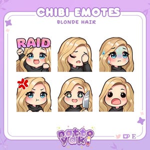 Può includere: Set di sei emoticon animate con un personaggio chibi dai capelli biondi con diverse espressioni. Le emoticon includono "RAID", arrabbiato, sorpreso, spaventato, piangente e un personaggio che tiene un coltello.