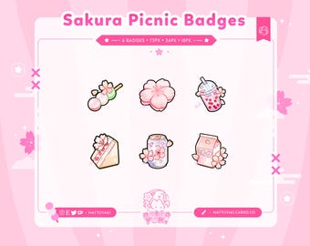 May include: Pink and white "Sakura Picnic Badges" graphic featuring six illustrations of Japanese-themed food and drink items, including dango, a flower, boba tea, cake, a can, and milk. The background is light pink.