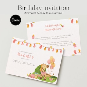 ベージュとピンクの子供の誕生日の招待状テンプレート - 編集可能なCanvaデザイン